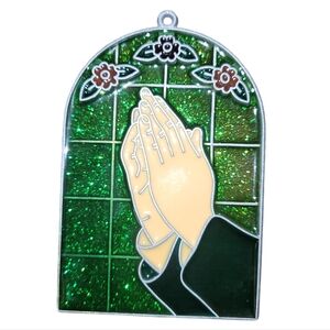 Vintage Handmade Stained Glass Praying Hands Prayer Religion Suncatcher Ornament